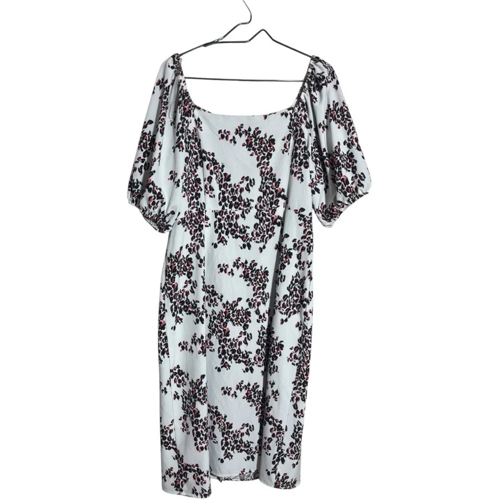 Ophelia Roe Lightweight Balloon Sleeve Chic Floral Black/White/Red Midi Dress
